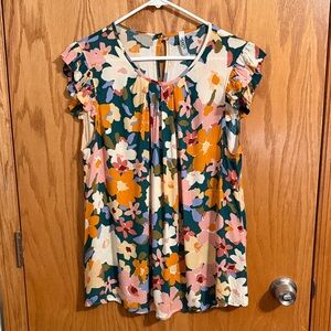 2 Hearts Vibrant Floral Ruffle Sleeve Blouse